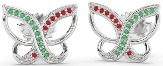 Emerald & Ruby White Gold Butterfly Stud Earrings