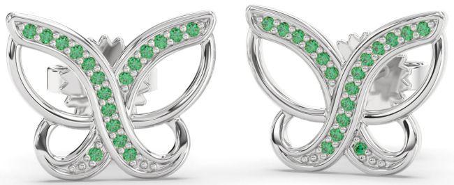 Emerald Platinum Butterfly Stud Earrings
