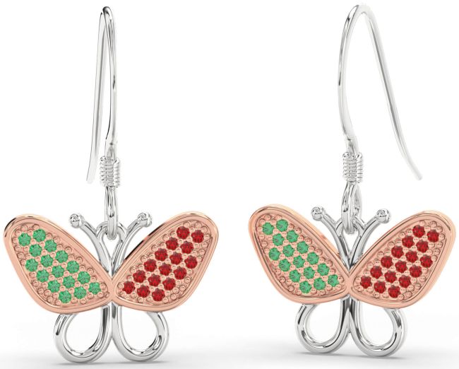Emerald & Ruby Rose Gold Silver Butterfly Dangle Earrings