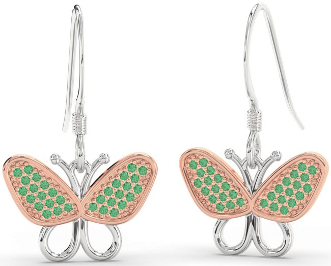 Emerald Rose Gold Silver Butterfly Dangle Earrings