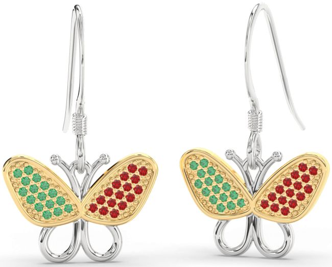 Emerald & Ruby Gold Silver Butterfly Dangle Earrings
