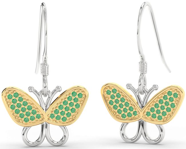 Emerald Platinum & Yellow Gold Butterfly Dangle Earrings