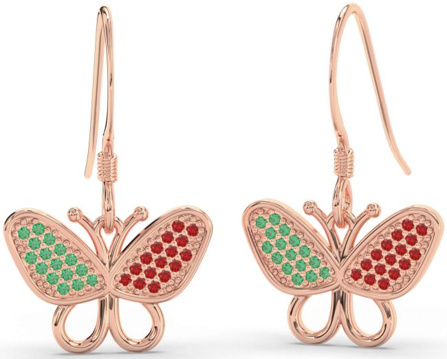 Emerald & Ruby Rose Gold Butterfly Dangle Earrings