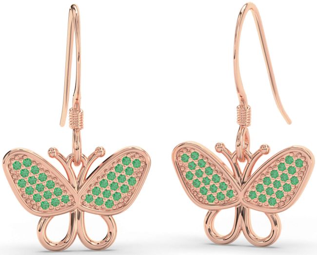 Emerald Rose Gold Butterfly Dangle Earrings