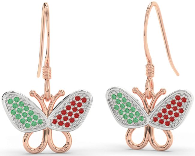 Emerald & Ruby White Rose Gold Butterfly Dangle Earrings