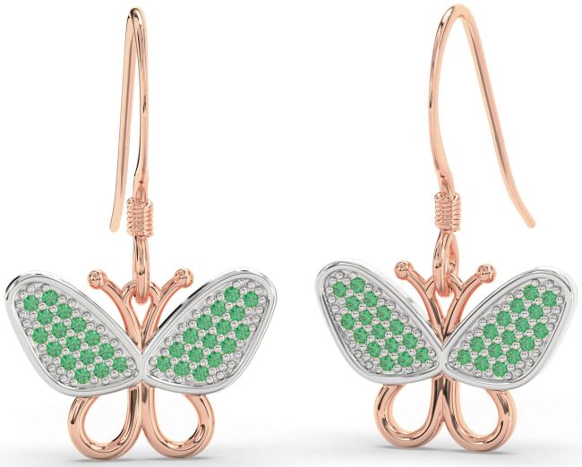Emerald Rose Gold Silver Butterfly Dangle Earrings