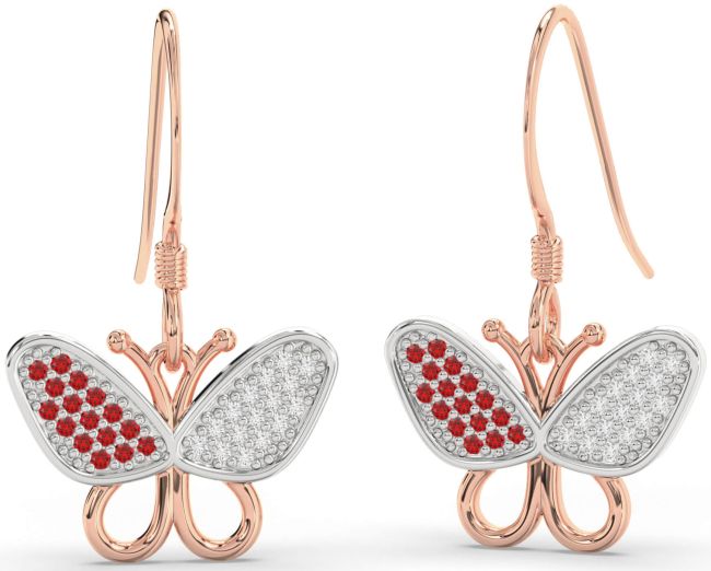 Diamond & Ruby Rose Gold Silver Butterfly Dangle Earrings