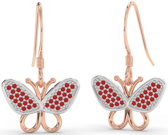Ruby White Rose Gold Butterfly Dangle Earrings