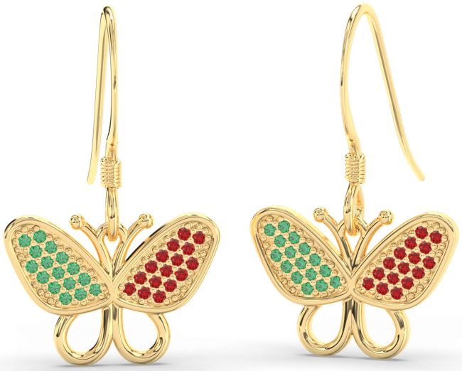 Emerald & Ruby Gold Butterfly Dangle Earrings