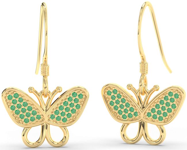 Emerald Gold Silver Butterfly Dangle Earrings
