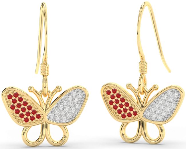 Diamond & Ruby Gold Silver Butterfly Dangle Earrings
