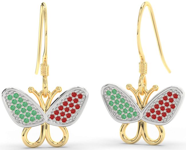 Emerald & Ruby Gold Silver Butterfly Dangle Earrings