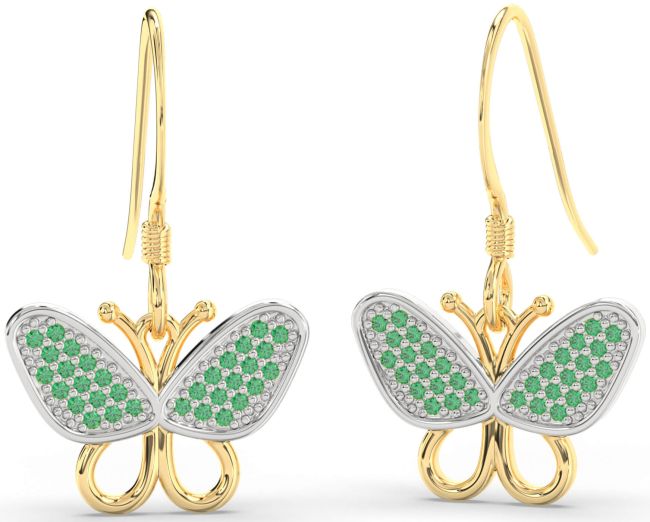 Emerald Gold Silver Butterfly Dangle Earrings