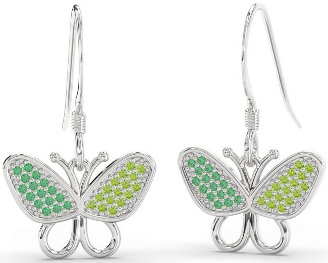 Emerald & Peridot Platinum Butterfly Dangle Earrings