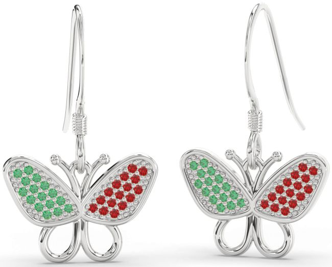 Emerald & Ruby White Gold Butterfly Dangle Earrings