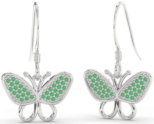 Emerald Platinum Butterfly Dangle Earrings