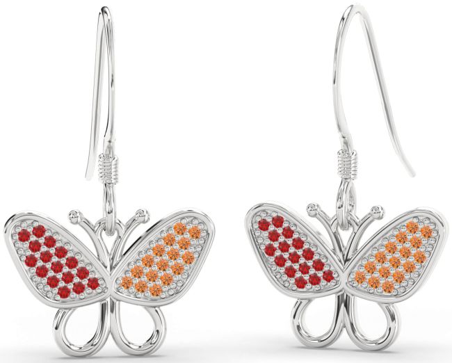 Ruby & Citrine Platinum Butterfly Dangle Earrings