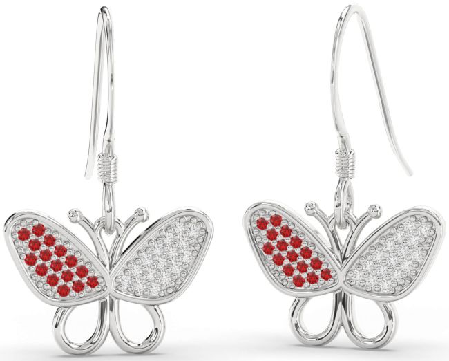 Diamond & Ruby Platinum Butterfly Dangle Earrings