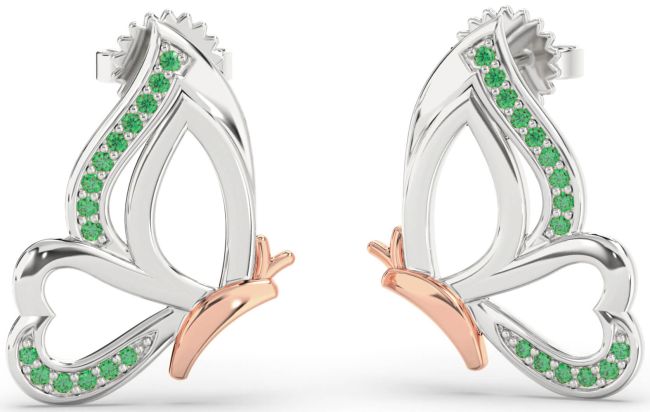 Emerald Platinum & Rose Gold Butterfly Dangle Earrings