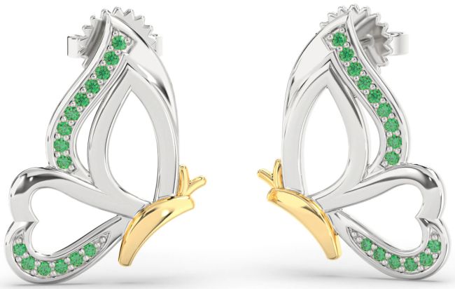 Emerald Silver & 10K gold Butterfly Dangle Earrings