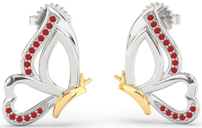 Ruby White Yellow Gold Butterfly Dangle Earrings