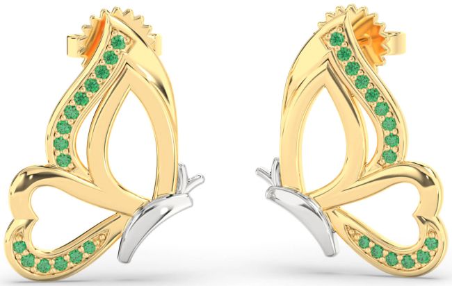 Emerald Gold Silver Butterfly Dangle Earrings