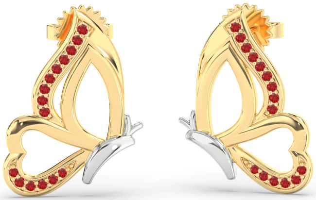 Ruby White Yellow Gold Butterfly Dangle Earrings