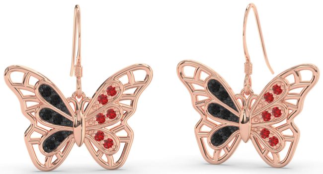 Large Black Diamond & Ruby Rose Gold Butterfly Dangle Earrings