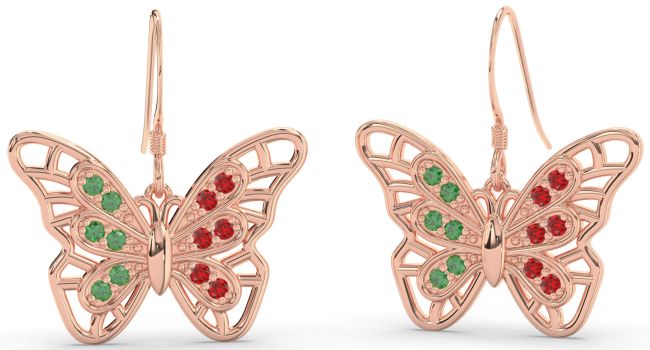 Large Emerald & Ruby Rose Gold Butterfly Dangle Earrings