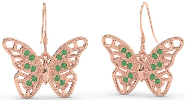 Large Emerald Rose Gold Silver Butterfly Dangle Earrings
