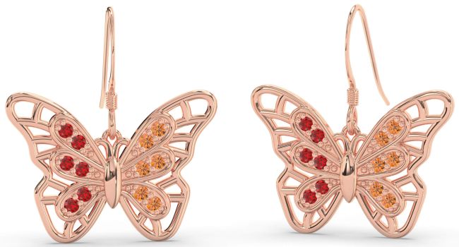 Large Ruby & Citrine Rose Gold Butterfly Dangle Earrings