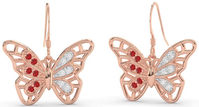 Large Diamond & Ruby Rose Gold Butterfly Dangle Earrings