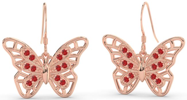 Large Ruby Rose Gold Butterfly Dangle Earrings
