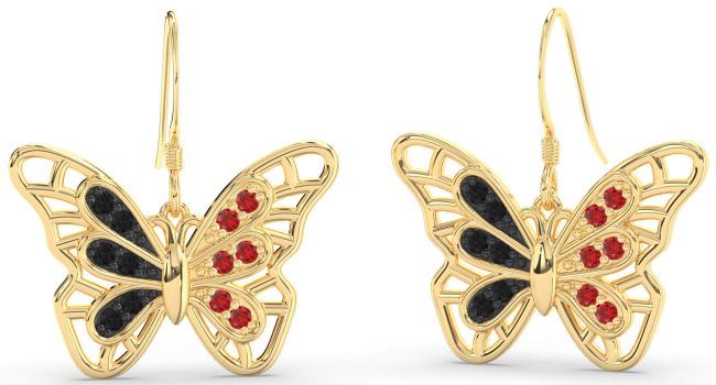 Large Black Diamond & Ruby Gold Butterfly Dangle Earrings