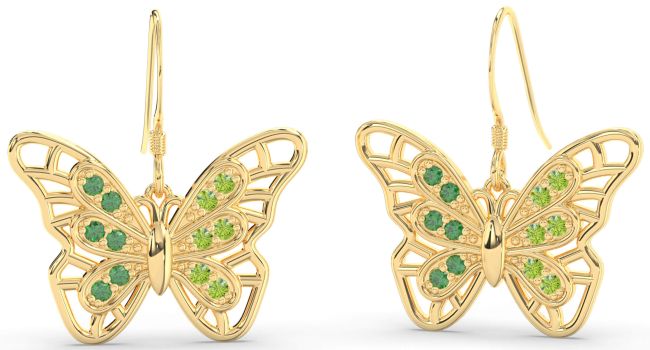 Large Emerald & Peridot Gold Butterfly Dangle Earrings