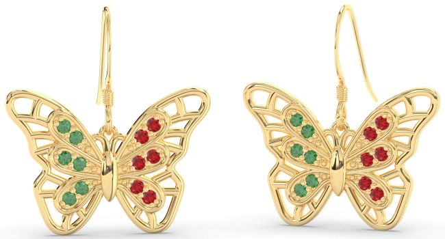 Large Emerald & Ruby Gold Butterfly Dangle Earrings