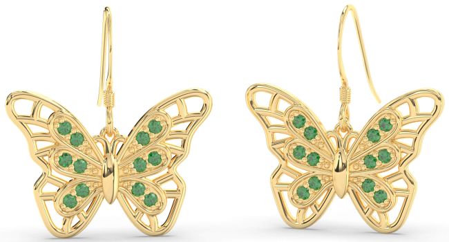 Large Emerald Gold Silver Butterfly Dangle Earrings