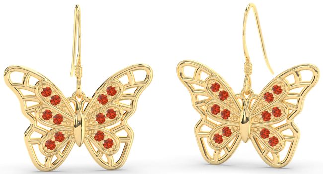 Large Fire Opal Gold Butterfly Dangle Earrings