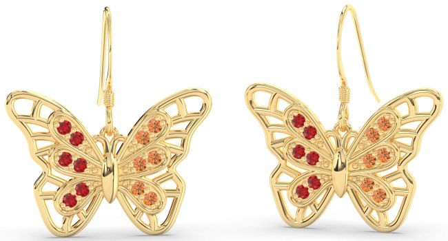 Large Ruby & Citrine Gold Butterfly Dangle Earrings