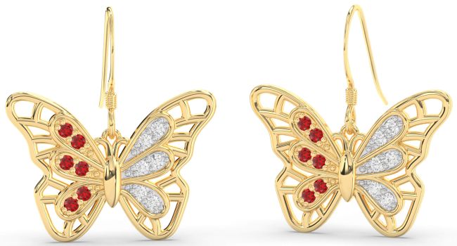 Large Diamond & Ruby Gold Silver Butterfly Dangle Earrings