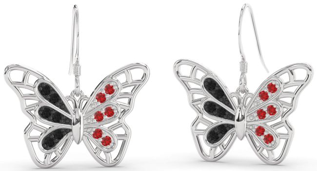 Large Black Diamond & Ruby White Gold Butterfly Dangle Earrings