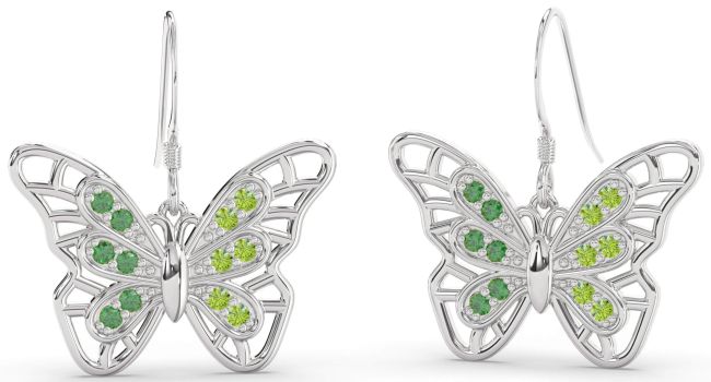 Large Emerald & Peridot Silver Butterfly Dangle Earrings