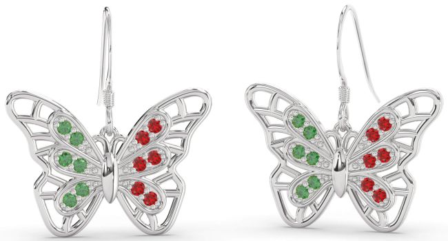 Large Emerald & Ruby Platinum Butterfly Dangle Earrings