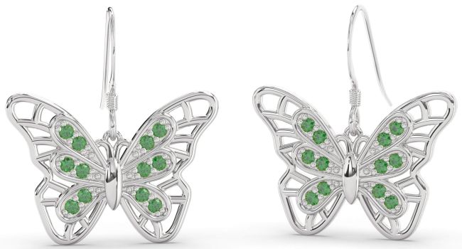 Large Emerald White Gold Butterfly Dangle Earrings