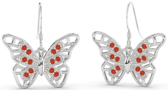 Large Fire Opal Platinum Butterfly Dangle Earrings