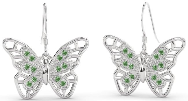 Large Green Diamond Platinum Butterfly Dangle Earrings