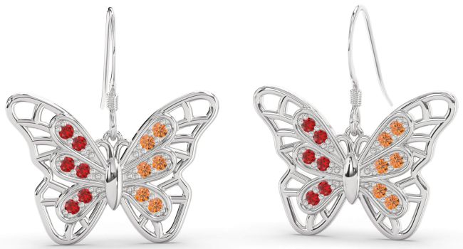 Large Ruby & Citrine Platinum Butterfly Dangle Earrings