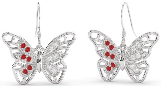Large Diamond & Ruby White Gold Butterfly Dangle Earrings