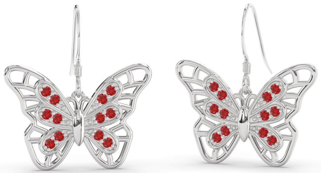 Large Ruby Platinum Butterfly Dangle Earrings