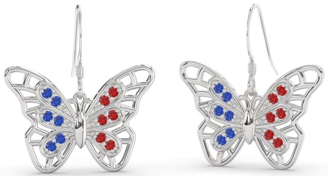 Large Blue Sapphire & Ruby Silver Butterfly Dangle Earrings